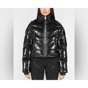 MANIERE DE VOIR Black Puffer Women Jacket Removable Hood & Fur High Shine Size 6
